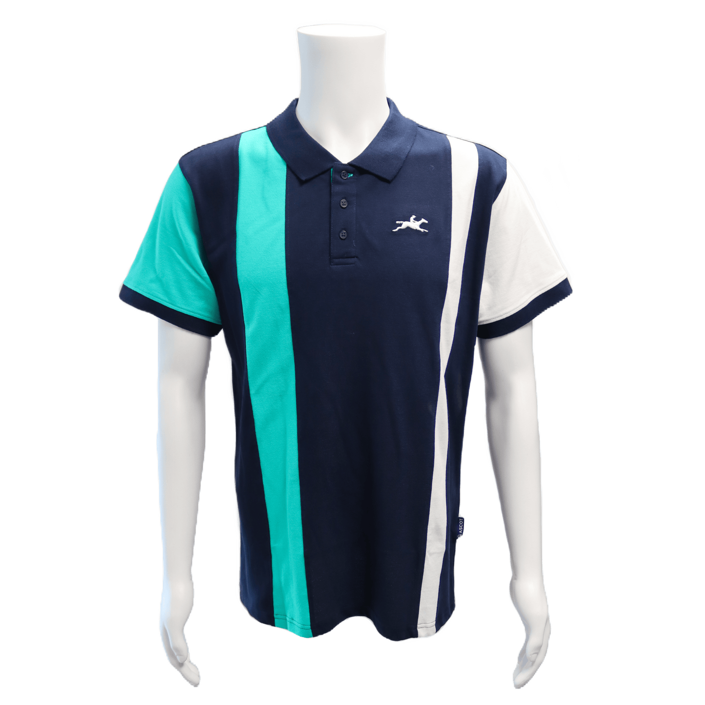 Mens Polo with Horse Logo - Navy/Turquoise Stripe